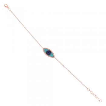 Turquoise & Diamond & Blue Sapphire Evil Eye Bracelet 14k Rose Gold (0.26ct)