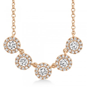 Diamond Halo Style Five Stone Pendant Necklace 14k Rose Gold (0.53ct)