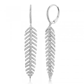 Diamond Accented Feather Huggie Drop Earrings 14k White Gold (0.60ct)