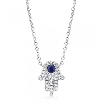 Diamond & Blue Sapphire Hasma Pendant Necklace 14k White Gold (0.17ct)