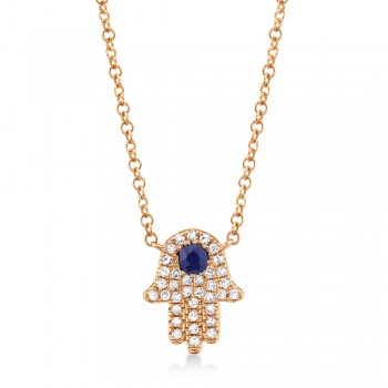 Diamond & Blue Sapphire Hasma Pendant Necklace 14k Rose Gold (0.17ct)
