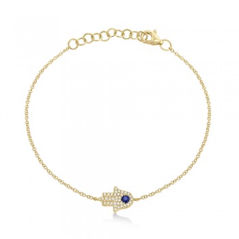 Diamond & Blue Sapphire Hamsa Link Bracelet 14k Yellow Gold (0.17ct)