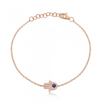 Diamond & Blue Sapphire Hamsa Link Bracelet 14k Rose Gold (0.17ct)