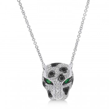 Diamond & Emerald Panther Pendant Necklace 14K White Gold (0.52ct)