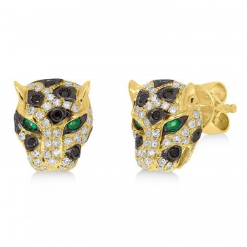 Diamond & Emerald Panther Earrings 14K Yellow Gold (0.37ct)