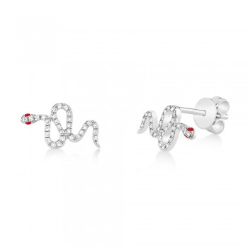 Diamond & Ruby Snake Stud Earrings 14k White Gold (0.16ct)