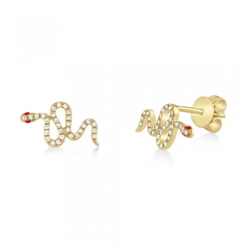 Diamond & Ruby Snake Stud Earrings 14k Yellow Gold (0.16ct)