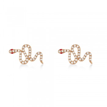 Diamond & Ruby Snake Stud Earrings 14k Rose Gold (0.16ct)