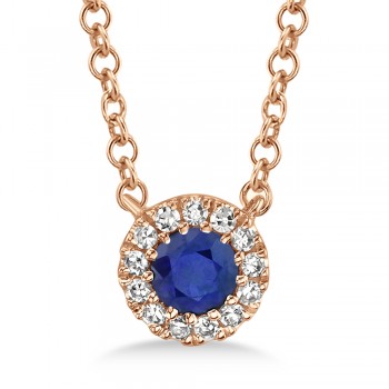 Diamond & Blue Sapphire Halo Pendant Necklace 14k Rose Gold (0.18ct)