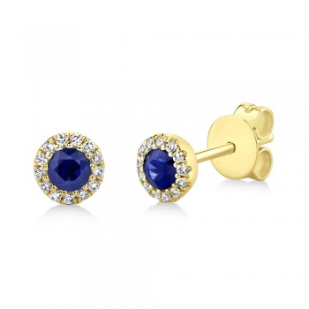 Diamond & Blue Sapphire Halo Stud Earrings 14k Yellow Gold (0.36ct)
