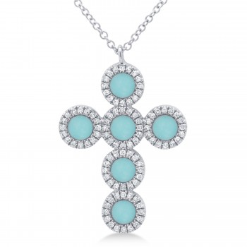 Diamond & Turquoise Cross Pendant Necklace 14K White Gold (0.90ct)