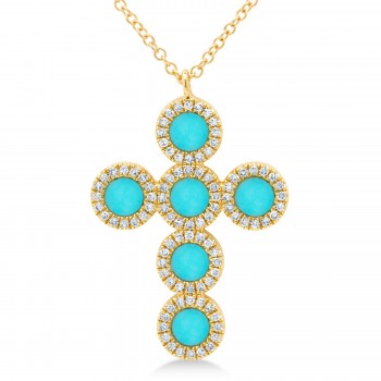 Diamond & Turquoise Cross Pendant Necklace 14K Yellow Gold (0.90ct)