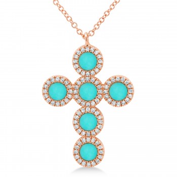 Diamond & Turquoise Cross Pendant Necklace 14K Rose Gold (0.90ct)