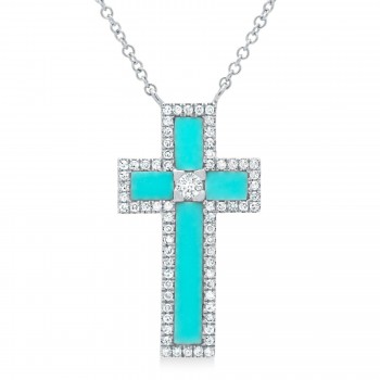Diamond & Turquoise Cross Pendant Necklace 14K White Gold (1.19ct)