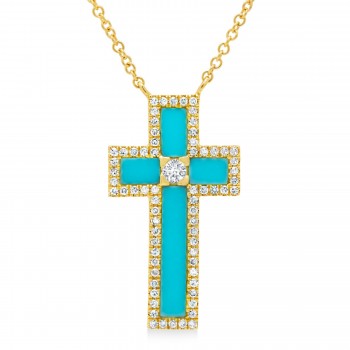Diamond & Turquoise Cross Pendant Necklace 14K Yellow Gold (1.19ct)