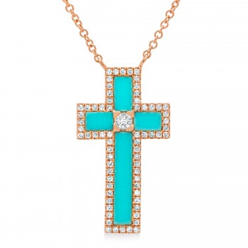 Diamond & Turquoise Cross Pendant Necklace 14K Rose Gold (1.19ct)