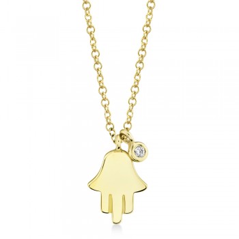 Diamond Bezel Hamsa Pendant Necklace 14k Yellow Gold (0.02ct)