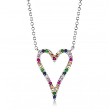 Diamond & Multi-Color Pave Heart Pendant necklace in 14K White Gold (0.22ct)