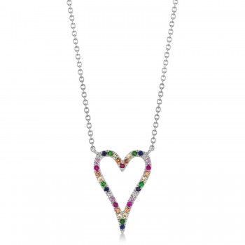 Diamond & Multi-Color Pave Heart Pendant necklace in 14K White Gold (0.22ct)