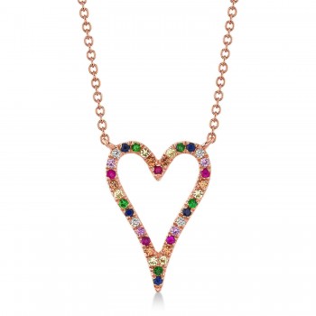 Diamond & Multi-Color Pave Heart Pendant necklace in 14K Rose Gold (0.22ct)