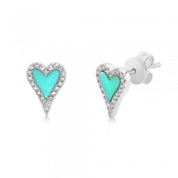 Turquoise & Diamond Heart Stud Earrings 14k White Gold (0.49ct)
