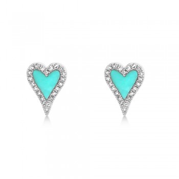 Turquoise & Diamond Heart Stud Earrings 14k White Gold (0.49ct)