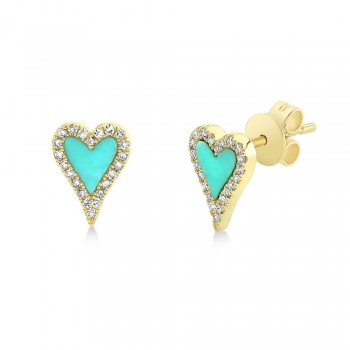 Turquoise & Diamond Heart Stud Earrings 14k Yellow Gold (0.49ct)