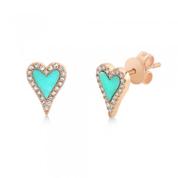 Turquoise & Diamond Heart Stud Earrings 14k Rose Gold (0.49ct)