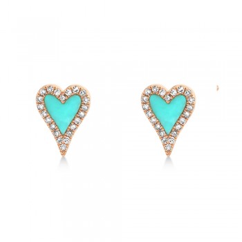 Turquoise & Diamond Heart Stud Earrings 14k Rose Gold (0.49ct)