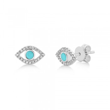 Turquoise & Diamond Evil Eye Stud Earrings 14k White Gold (0.26ct)