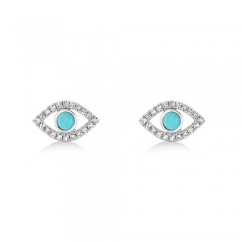 Turquoise & Diamond Evil Eye Stud Earrings 14k White Gold (0.26ct)