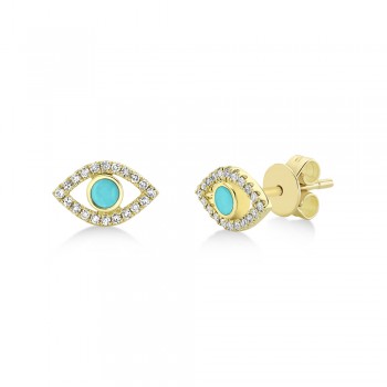 Turquoise & Diamond Evil Eye Stud Earrings 14k Yellow Gold (0.26ct)