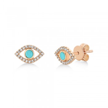 Turquoise & Diamond Evil Eye Stud Earrings 14k Rose Gold (0.26ct)