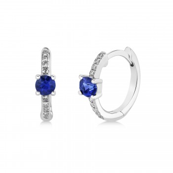 Blue Sapphire & Diamond Huggie Hoop Earrings 14k White Gold (0.39ct)