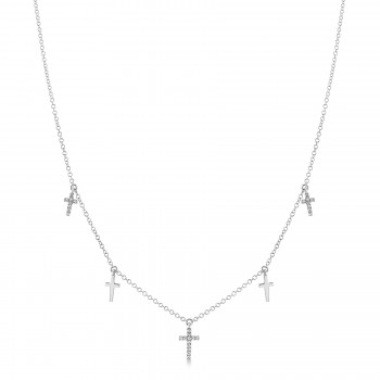 Diamond  Cross Dangle Station Necklace 14k White Gold (0.09ct)