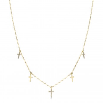 Diamond  Cross Dangle Station Necklace 14k Yellow Gold (0.09ct)