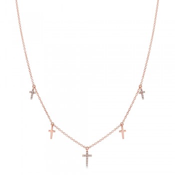 Diamond  Cross Dangle Station Necklace 14k Rose Gold (0.09ct)