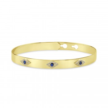 Diamond & Blue Sapphire Eye Latch Lock Bangle Bracelet 14k Yellow Gold (0.28ct)