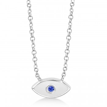 Blue Sapphire & White Enamel Evil Eye Pendant Necklace 14k White Gold (0.03ct)