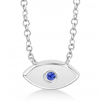 Blue Sapphire & White Enamel Evil Eye Pendant Necklace 14k White Gold (0.03ct)