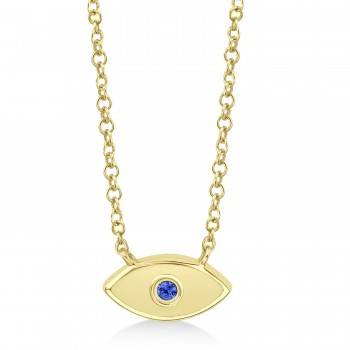 Blue Sapphire & White Enamel Evil Eye Pendant Necklace 14k Yellow Gold (0.03ct)
