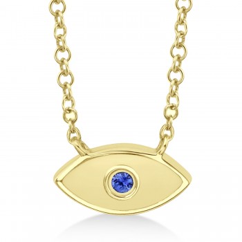 Blue Sapphire & White Enamel Evil Eye Pendant Necklace 14k Yellow Gold (0.03ct)