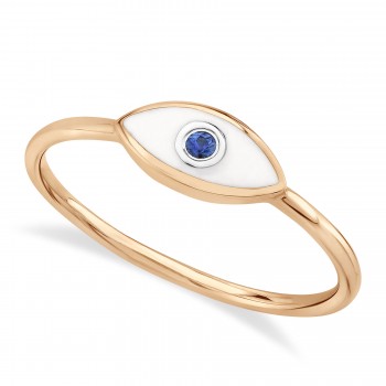 Blue Sapphire & White Enamel Evil Eye Ring 14k Rose Gold (0.03ct)