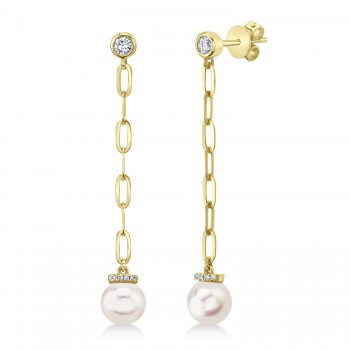 Diamond & Cultured Pearl Paper Clip Link Earrings 14k Yellow Gold (0.20ct)