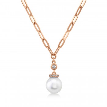 Diamond & Cultured Pearl Paper Clip Link Necklace 14k Rose Gold (0.05ct)