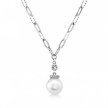 Diamond & Cultured Pearl Paper Clip Link Necklace 14k White Gold (0.05ct)
