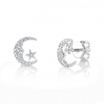 Diamond Crescent Moon & Star Stud Earrings 14K White Gold (0.13ct)