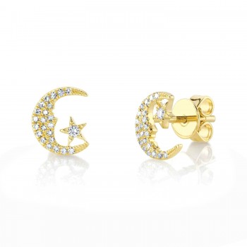 Diamond Crescent Moon & Star Stud Earrings 14K Yellow Gold (0.13ct)