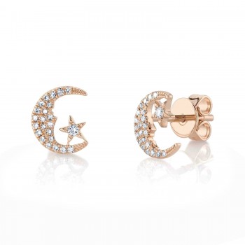 Diamond Crescent Moon & Star Stud Earrings 14K Rose Gold (0.13ct)