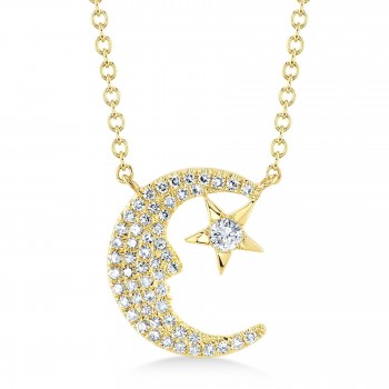 Diamond Crescent Moon & Star Pendant Necklace 14K Yellow Gold (0.16ct)